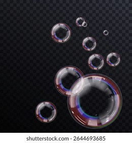 Vector soap bubbles hover gracefully, blending pastel tones naturally. Transparent backdrop reveals clarity, emphasizing vivid bubble reflections. Realistic soap bubbles float delicately