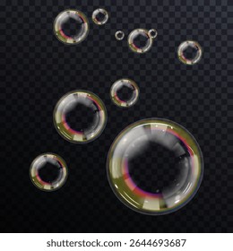 Vector soap bubbles hover gracefully, blending pastel tones naturally. Transparent backdrop reveals clarity, emphasizing vivid bubble reflections. Realistic soap bubbles float delicately