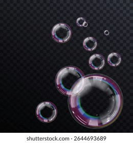 Vector soap bubbles hover gracefully, blending pastel tones naturally. Transparent backdrop reveals clarity, emphasizing vivid bubble reflections. Realistic soap bubbles float delicately