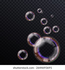 Vector soap bubbles hover gracefully, blending pastel tones naturally. Transparent backdrop reveals clarity, emphasizing vivid bubble reflections. Realistic soap bubbles float delicately