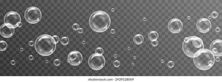 Vector soap bubbles png. Flying soap bubbles. Soap bubbles with various reflections. Detergent, soap, shampoo, foam.