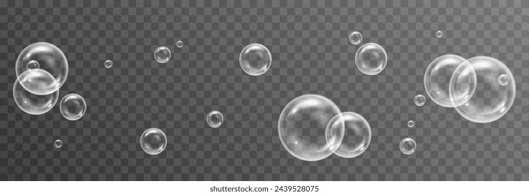 Vector soap bubbles png. Flying soap bubbles. Soap bubbles with various reflections. Detergent, soap, shampoo, foam.