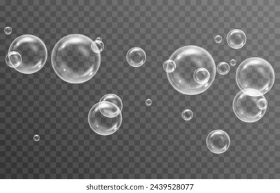 Vector soap bubbles png. Flying soap bubbles. Soap bubbles with various reflections. Detergent, soap, shampoo, foam.