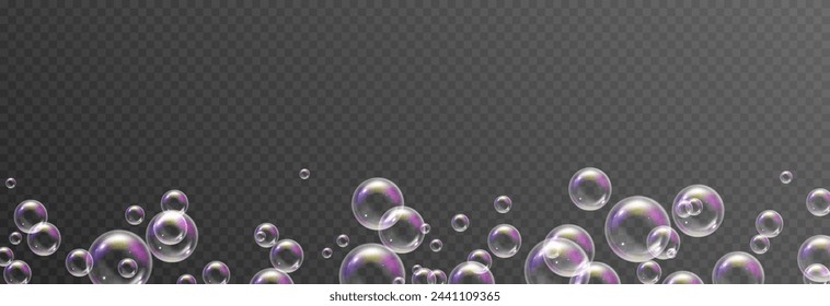 Vector soap bubbles png. Flying soap bubbles. Soap bubbles with various reflections. Detergent, soap, shampoo, foam.