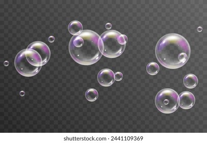 Vector soap bubbles png. Flying soap bubbles. Soap bubbles with various reflections. Detergent, soap, shampoo, foam.