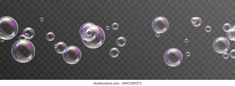 Vector soap bubbles png. Flying soap bubbles. Soap bubbles with various reflections. Detergent, soap, shampoo, foam.