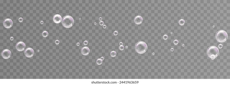 Vector soap bubbles png. Flying soap bubbles. Soap bubbles with various reflections. Detergent, soap, shampoo, foam.