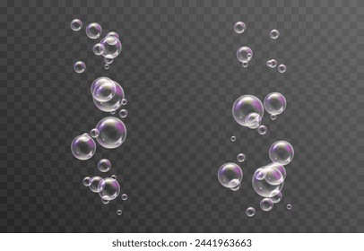 Vector soap bubbles png. Flying soap bubbles. Soap bubbles with various reflections. Detergent, soap, shampoo, foam.