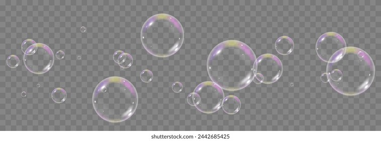 Vector soap bubbles png. Flying soap bubbles. Soap bubbles with various reflections. Detergent, soap, shampoo, foam.