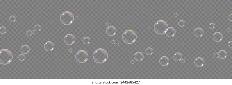 Vector soap bubbles png. Flying soap bubbles. Soap bubbles with various reflections. Detergent, soap, shampoo, foam.