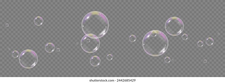 Vector soap bubbles png. Flying soap bubbles. Soap bubbles with various reflections. Detergent, soap, shampoo, foam.