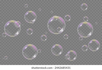 Vector soap bubbles png. Flying soap bubbles. Soap bubbles with various reflections. Detergent, soap, shampoo, foam.
