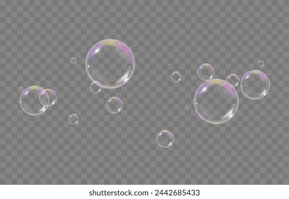 Vector soap bubbles png. Flying soap bubbles. Soap bubbles with various reflections. Detergent, soap, shampoo, foam.