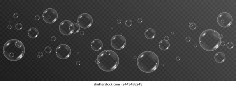 Vector soap bubbles png. Flying soap bubbles. Soap bubbles with various reflections. Detergent, soap, shampoo, foam.