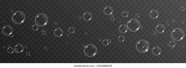 Vector soap bubbles png. Flying soap bubbles. Soap bubbles with various reflections. Detergent, soap, shampoo, foam.