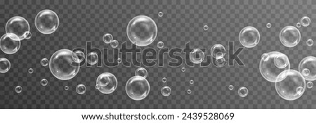 Vector soap bubbles png. Flying soap bubbles. Soap bubbles with various reflections. Detergent, soap, shampoo, foam.