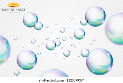 Vector soap bubbles set isolated on white transparent background. Special effect for design. Water spheres with air, soapy balloons, lather, suds, soap suds. Glossy foam balls. 3d illustration.