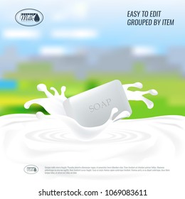 Vector Soap with milk splash. Natural handmade Soap advertisement design or banner background.