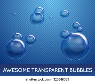 Vector Soap Water Bubbles Set. Transparent Isolated Realistic Design Elements. Can be used with any Background.