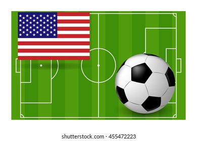 vector soccer ball and American flag on the background of a football field