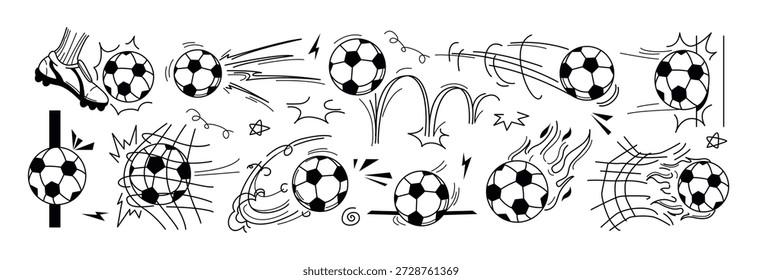 Ilustración de doodle de balón de fútbol de Vector con movimiento de giro de patada, efectos de línea de golpe y rebote. Iconos de fútbol dibujados a mano con movimiento volador, fuego y red de gol. Saltar la trayectoria de la quema de equipos deportivos
