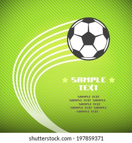 Vector soccer ball flying through air with motion trails. Sport football green background with text box. Illustration for print, web