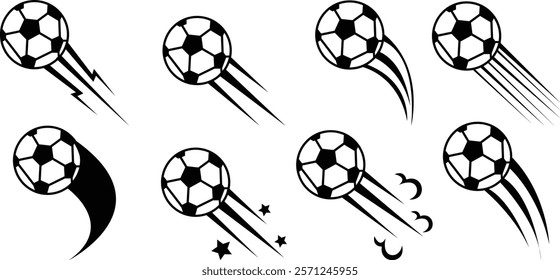 Vector Soccer Ball Icon set, clipping path isolated on a transparent background with the entire depth of field, Speeding footballs represented by dynamic soccer ball design features, for mobile apps.