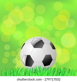 Vector Soccer Ball Lying on the Green Grass. Summer Green Blurred Background.