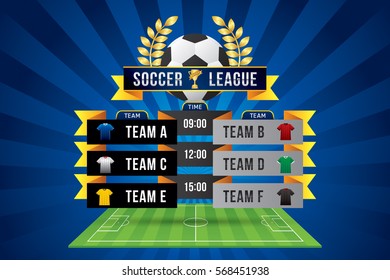 Vector of soccer ball match on green field background.