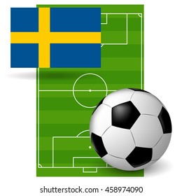 vector soccer ball on background of the flag of Sweden and a football field