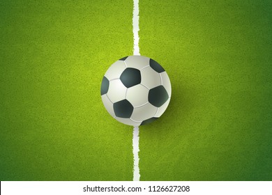 Vector soccer ball on green field. Soccer ball on green grass. Football 2018.