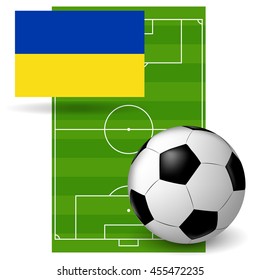 vector soccer ball and Ukraine flag on the background of a football field