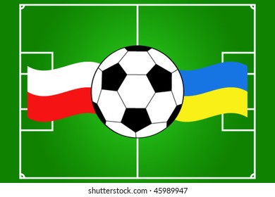 vector of soccer ball with waving flags of Poland and Ukraine on soccer field background
