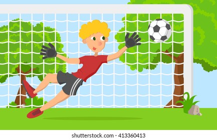 Vector soccer cartoon goalkeeper boy catch ball in gate.