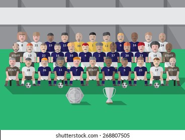 Vector soccer club men group wearing team uniform with trophy flat graphic
