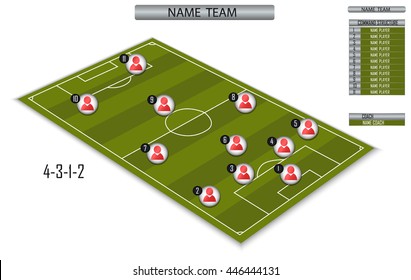Vector soccer field with the arrangement of players and staff in the game