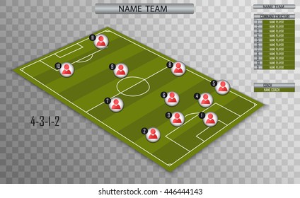 Vector soccer field with the arrangement of players and staff in the game