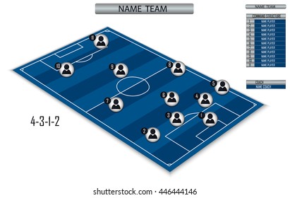 Vector soccer field with the arrangement of players and staff in the game