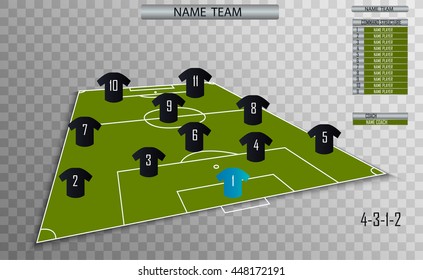 Vector soccer field with the arrangement of players and staff in the game