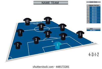 Vector soccer field with the arrangement of players and staff in the game