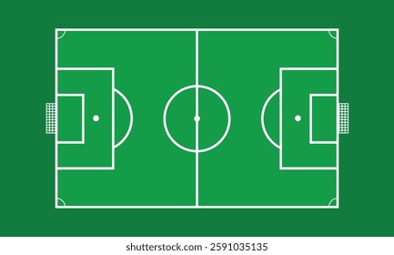 The vector soccer field in flat style features clean lines and simple shapes, creating a minimalist design perfect for digital illustrations.