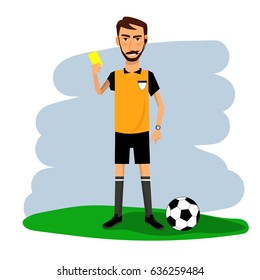 Vector of soccer, football referee with yellow card. Cartoon character