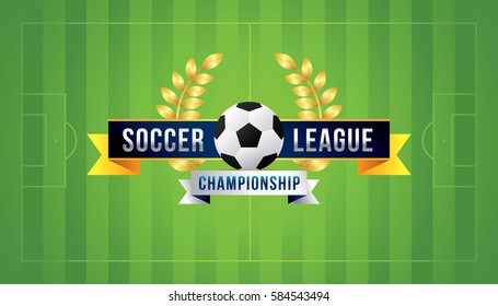 Vector of soccer league with football on the green field.