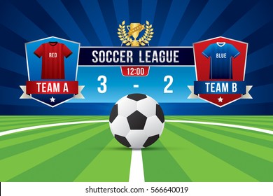 Vector of soccer league with team competition and scoreboard on green field background.