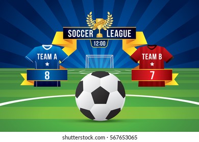 Vector of soccer league with team competition and scoreboard on green field background.