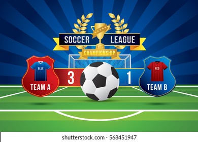 Vector of soccer league with team competition and scoreboard on green field background.