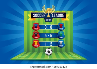 Vector of soccer league with team competition and scoreboard on green field background.