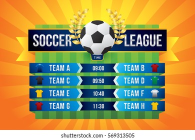 Vector of soccer league with team competition and scoreboard on green field background.