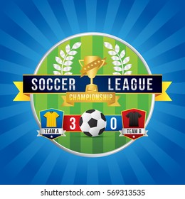 Vector of soccer league with team competition and scoreboard on green field background.