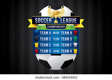 Vector of soccer league with team competition and scoreboard.